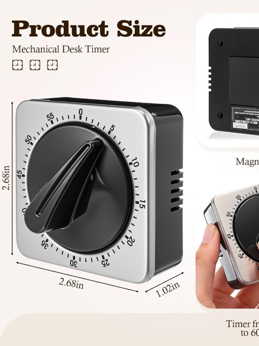 Mechanical Kitchen Timer 60 Minute Wind up Magnetic Stainless Steel Loud Alarm